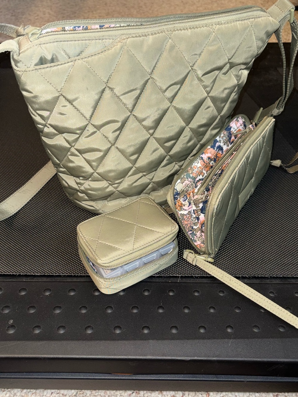Vera Bradley Nylon Sage Green Bucket Bag with Matching Wristlet & pill box